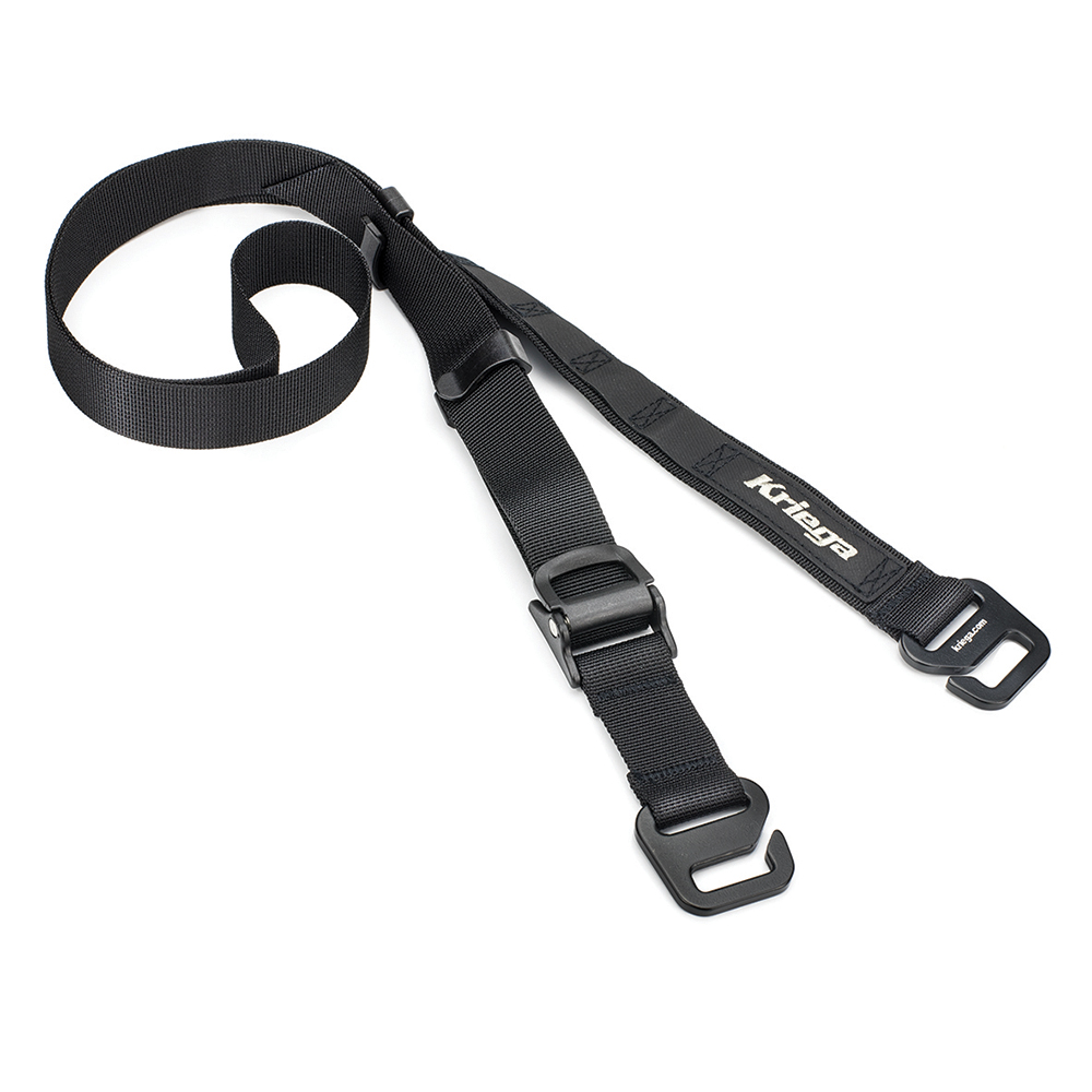 Black nylon cam straps featuring adjustable lengths, sturdy plastic buckles, and Kriega branding, designed for securing gear on motorcycles or outdoor equipment.
