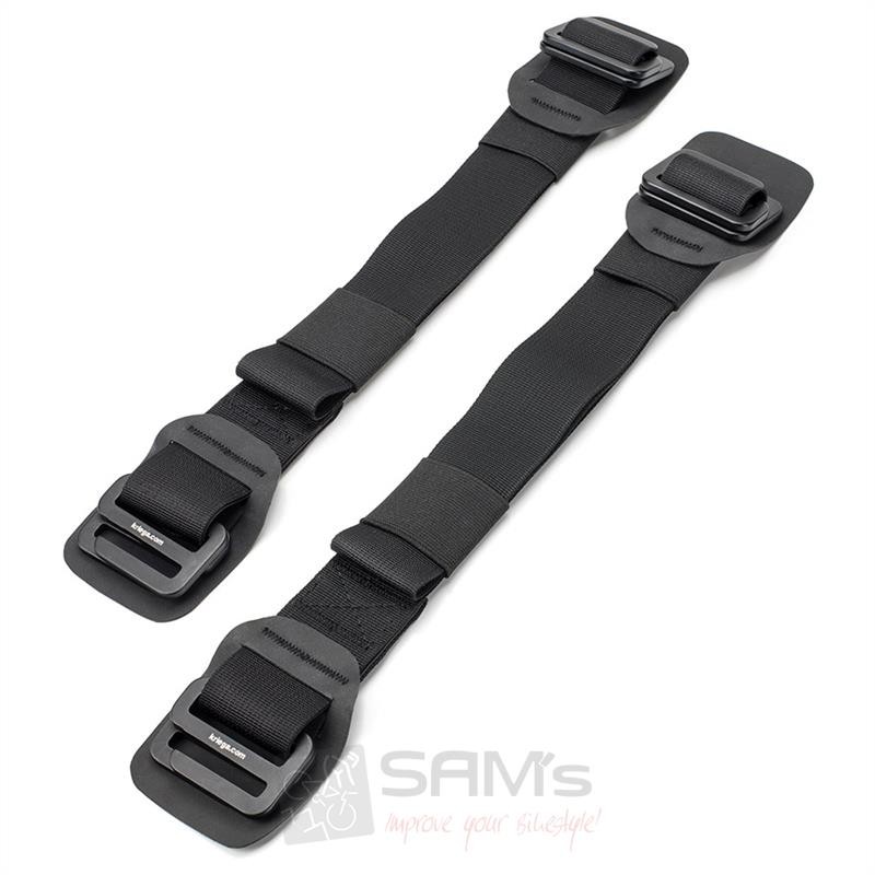 Two black Kriega OS straps made of durable nylon, featuring adjustable buckles and reinforced ends for secure attachment.