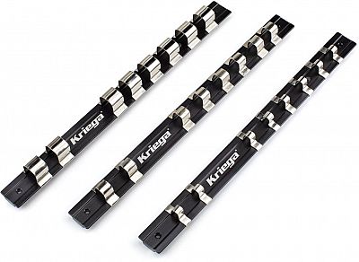 Black and silver Kriega Roland Sands Design Roam socket clips rail, featuring a sleek, durable design with a 1/4 inch size and multiple attachment points.