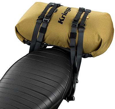 Brown Kriega Rollpack waterproof bag, 20L size, features a durable material with adjustable straps for secure attachment to a motorcycle seat.
