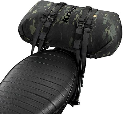 Kriega Rollpack in black and grey camouflage, a waterproof rollbag with adjustable straps, designed for 20L capacity, mounted securely on a sleek black motorcycle seat.