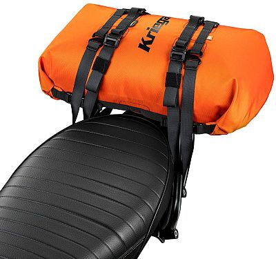 Bright orange Kriega Rollpack waterproof bag with a 20L capacity, featuring durable straps and a textured surface, securely mounted on a black motorcycle seat.