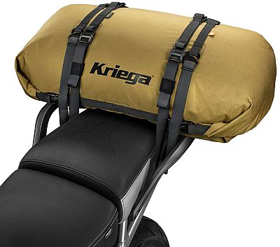 Brown Kriega Rollpack waterproof bag, 40 L size, features durable material, adjustable straps, and a prominent Kriega logo, securely mounted on a motorcycle seat.