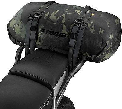 Black and grey waterproof Kriega Rollpack, 40L size, featuring a camo design, secured with adjustable straps, mounted on a motorcycle seat.