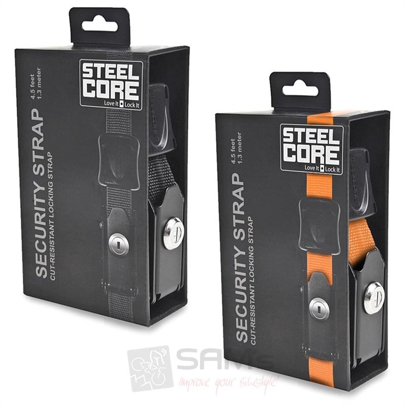 Two lockable luggage straps from Kriega's Steelcore line, one in black and one in orange, featuring a cut-resistant design and a secure locking mechanism.