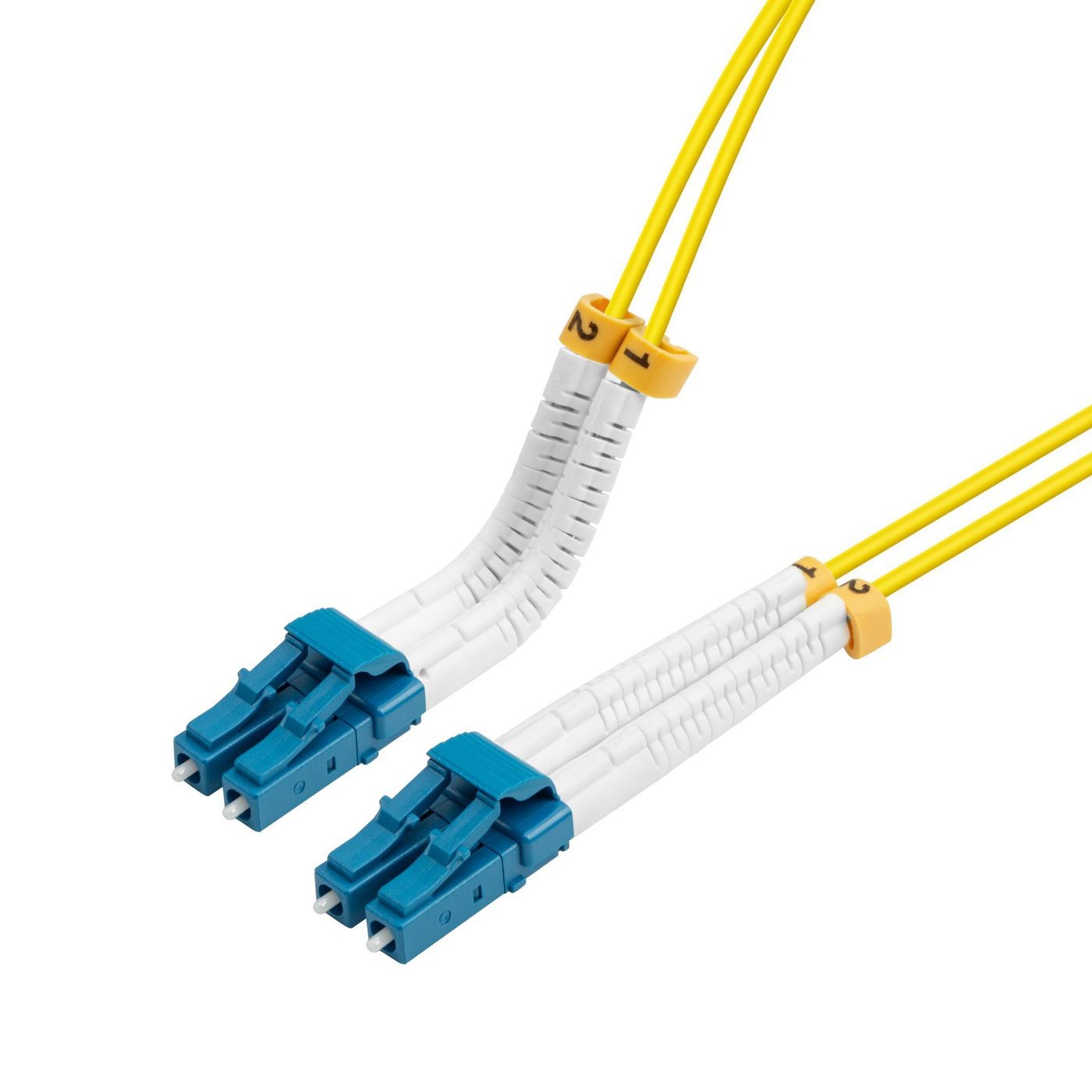 Yellow 1-meter InfiniBand/fibre optic cable featuring two LC connectors with blue ends and white sheathing, designed for high-speed data transmission.