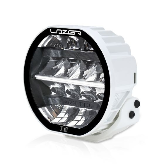 Lazer Lamps Sentinel Elite LED light features a 7-inch round design with a white housing, clear lens, and prominent reflective elements for enhanced visibility.