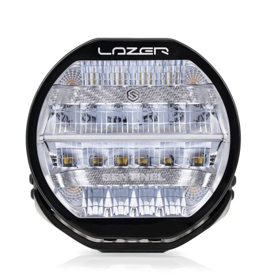 Lazer Lamps Sentinel LED light features a black case, chrome bezel, and a round design with multiple bright LED lights arranged in a grid pattern.