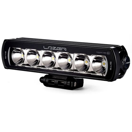 Black Lazer Lamps ST-6 Evolution LED light bar featuring six bright LED bulbs, a sleek design, and a sturdy mounting bracket for easy installation.