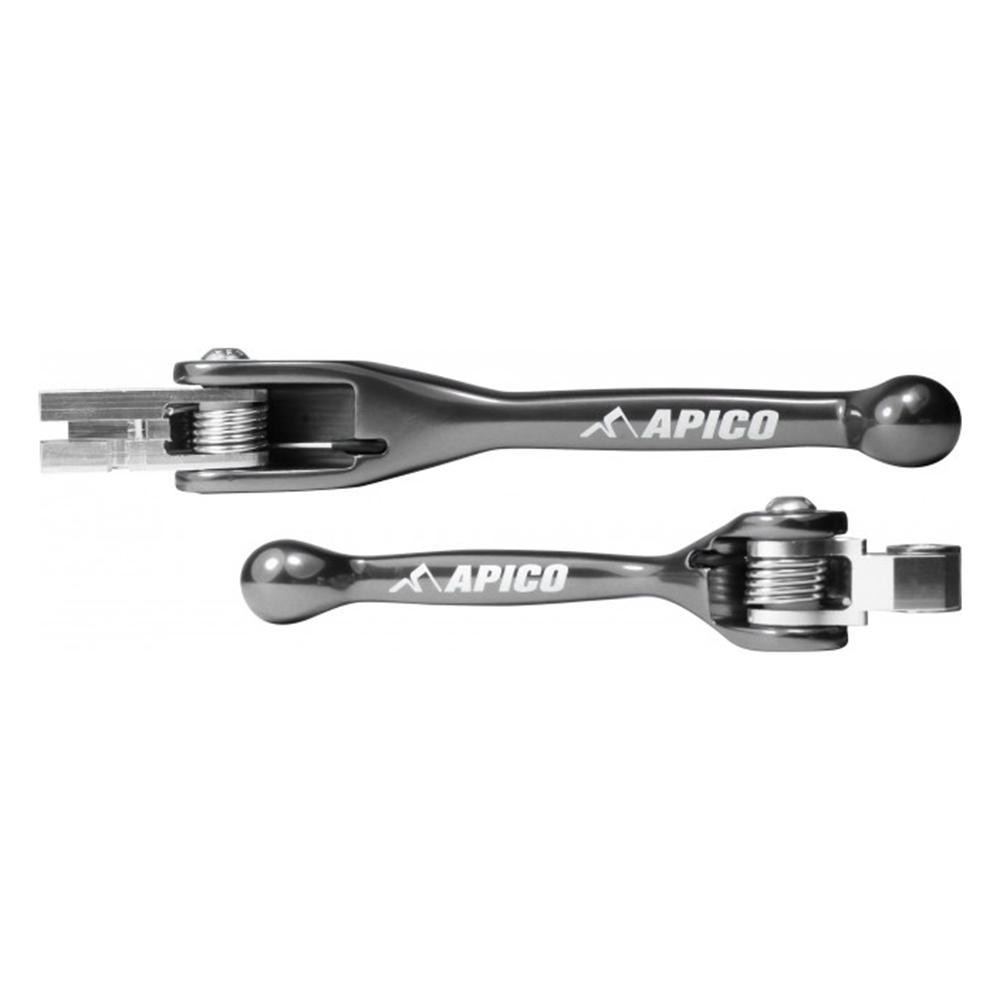 Set of two titanium flexi levers in a sleek metallic gray finish, featuring the "APICO" logo, designed for Honda CR and CRF models from 2004 to 2019.
