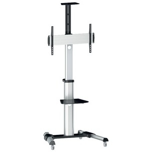 White multimedia cart with a flat panel mount, featuring a sturdy aluminum frame, two black shelves, and four rolling casters for mobility.