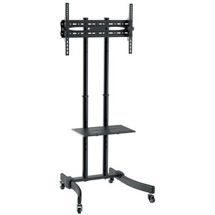 Black multimedia cart with a flat panel mount, adjustable height, sturdy metal frame, and a lower shelf, featuring four caster wheels for easy mobility.