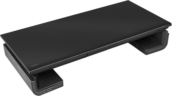Black LogiLink BP0141 multimedia cart featuring a sleek, flat surface with USB ports and a modern design, ideal for organizing electronic devices.