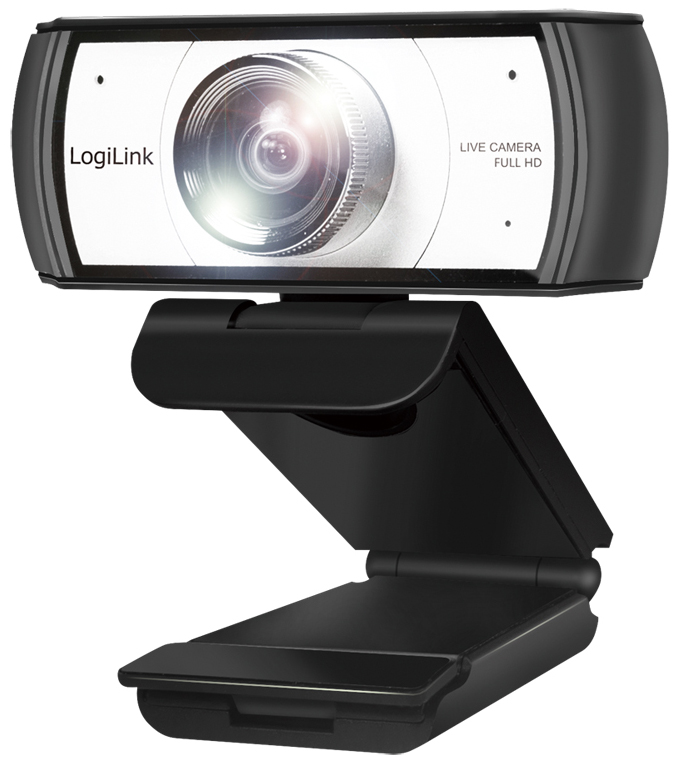 LogiLink Conference HD USB Webcam in black with a 120° field of view, dual microphones, and a manual focus lens, featuring a sleek design and adjustable clip for mounting.