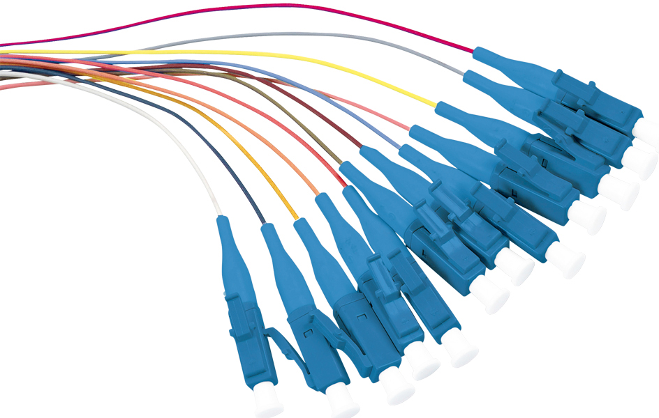 Multicoloured LogiLink FL0LC02 InfiniBand/fibre optic cable, 2 meters long, featuring 12 blue LC connectors with white protective caps and variously colored cables.