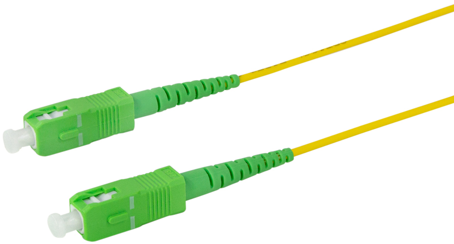 Yellow fibre optic cable with two green SC connectors at each end, designed for high-speed data transmission.