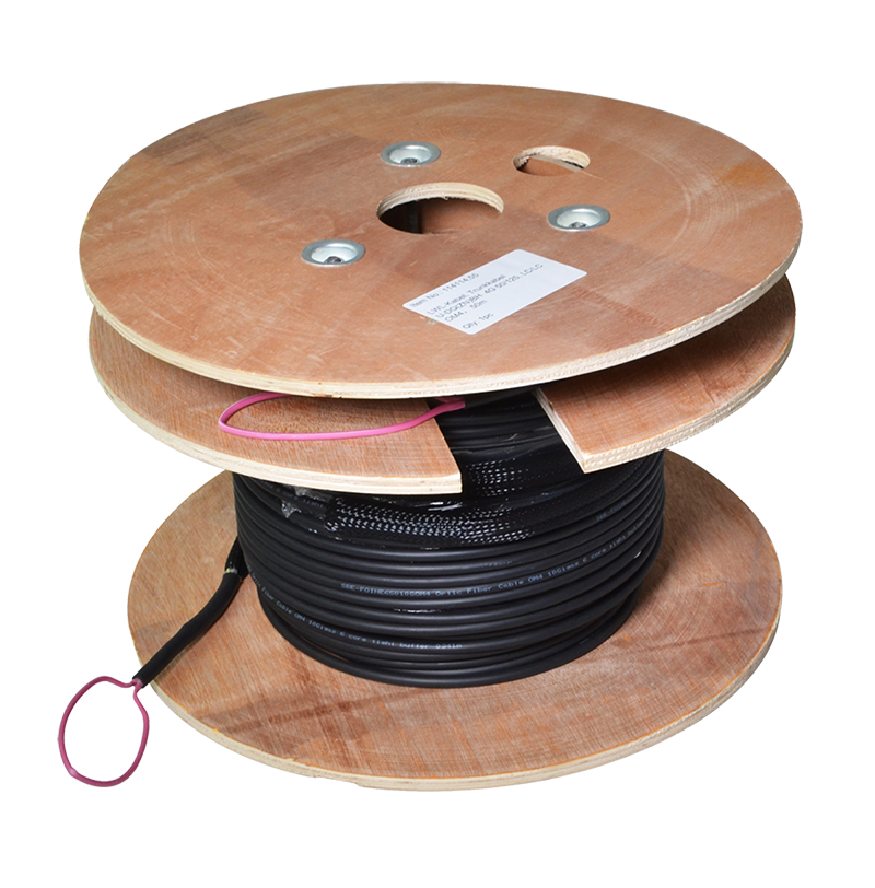 Black LogiLink FT1U120 InfiniBand/fibre optic cable on a wooden spool, featuring a central hole and labeled with product details, designed for high-speed data transmission.