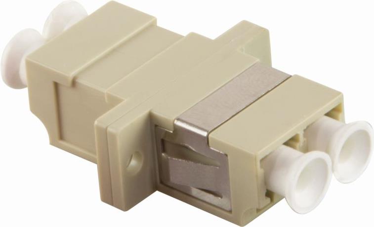Beige LogiLink LC/LC fibre optic adapter with two circular ports, a metal connector in the middle, and a compact rectangular design for seamless fibre connections.