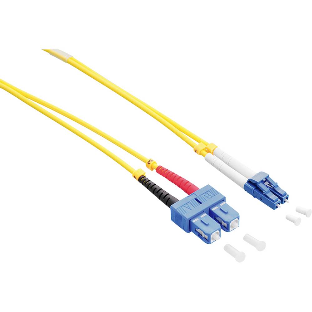 Yellow LogiLink LC/SC 1 M InfiniBand/fibre optic cable featuring blue connectors with color-coded clips and small white plastic accessories.