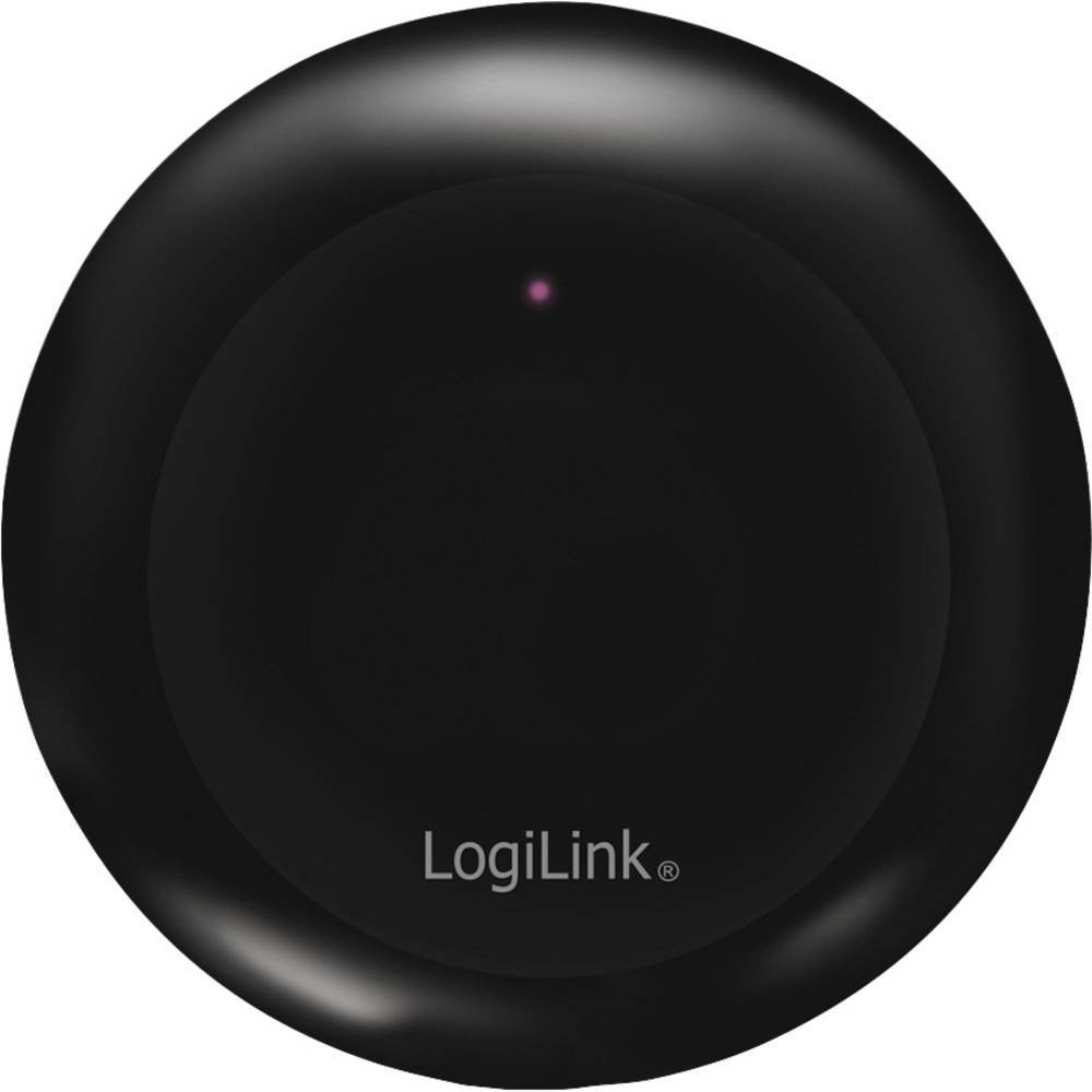 Black circular LogiLink WiFi Smart IR Controller with a small purple LED indicator and the LogiLink logo prominently displayed at the bottom.