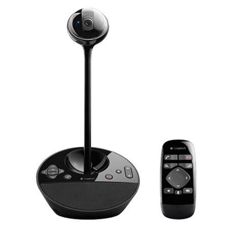 Logitech BCC950 ConferenceCam in black features a sleek design with a tall camera on a round base and a remote control, supporting Full HD video and a 78-degree field of view.