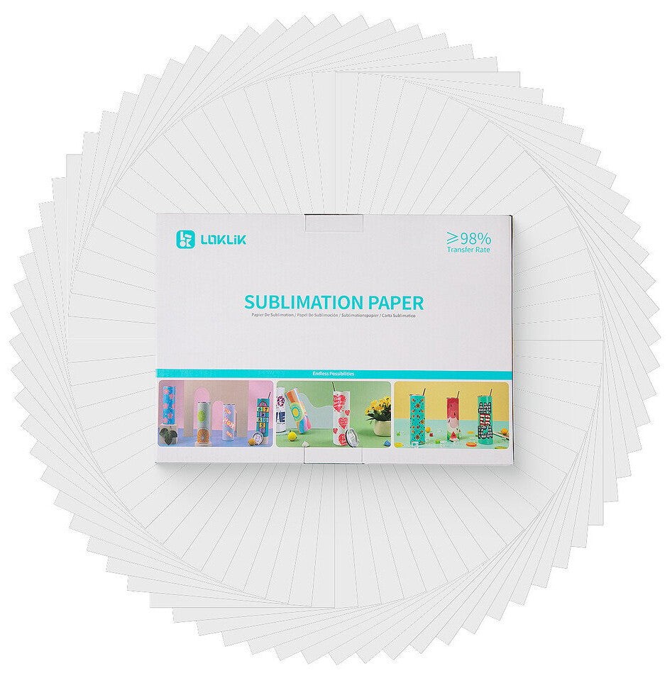 White A4 sublimation paper pack by Loklik, featuring a colorful box design, surrounded by multiple sheets of smooth, bright white paper, emphasizing high transfer rate of over 98%.