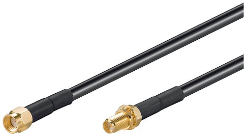 Black coaxial cable with a length of 1 meter, featuring RP-SMA connectors in gold at both ends, designed for reliable signal transmission.