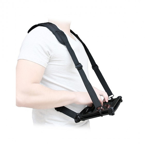 Black foam tablet strap with adjustable shoulder straps, designed for secure holding of a tablet, featuring ergonomic support for comfort during use.