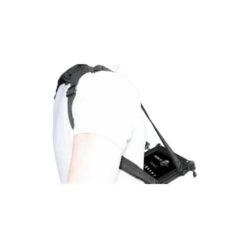 Black Mobilis shoulder strap with four attachments, designed for typing and transport, worn over a white shirt, featuring adjustable straps for comfort and stability.