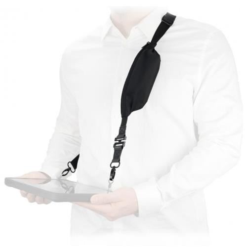Black universal breakaway shoulder strap with adjustable clips and an expandable pocket, designed for carrying tablets comfortably.