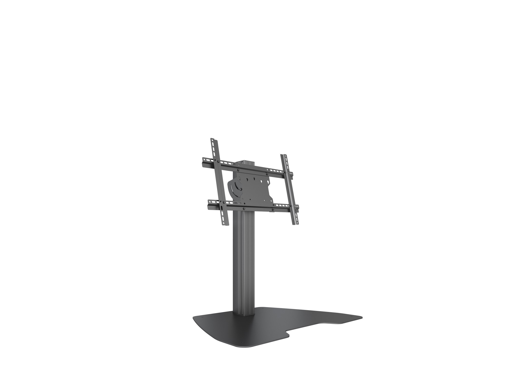 Black metal floor stand with a sturdy base and a tiltable mount for secure TV or monitor placement, featuring adjustable brackets for versatile positioning.