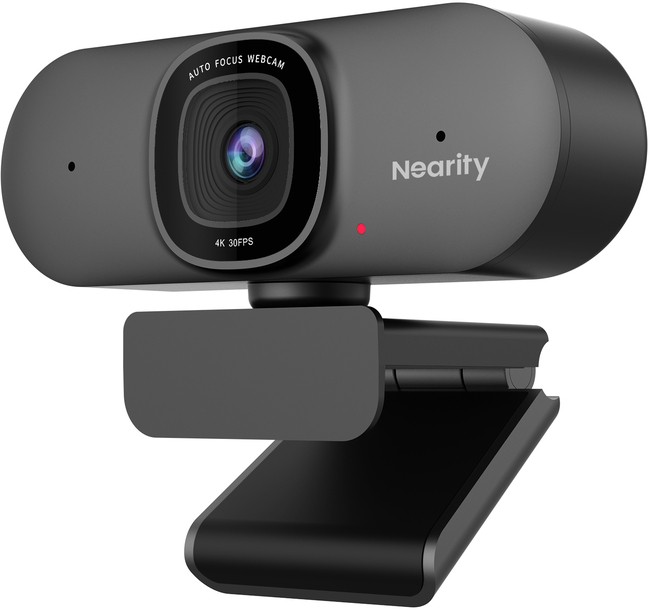 Compact black Nearity CC200 webcam with a sleek design, featuring a lens with auto focus, a red indicator light, and a sturdy clip for easy mounting.