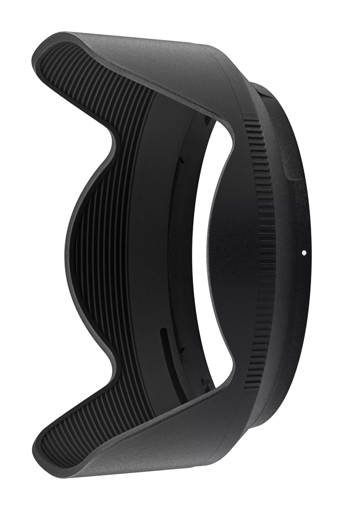 Black petal-shaped lens hood with ribbed interior and smooth outer surface, designed for Nikon lenses, measuring 7.35 cm in diameter.