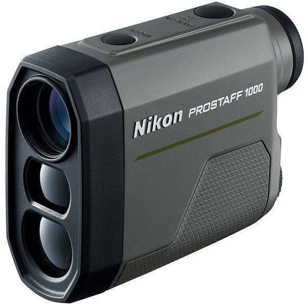 Nikon PROSTAFF 1000 rangefinder in black and gray, featuring a textured grip, three lenses, and buttons for easy operation, designed for distances up to 910 meters.