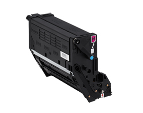 Original magenta toner cartridge by OKI, featuring a black plastic casing with a prominent magenta label and a blue indicator, designed for high-quality printing.