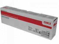 Cyan toner cartridge box by OKI, labeled "Oki ES8434," capable of printing 10,000 pages, featuring a predominantly white design with red accents and product information.