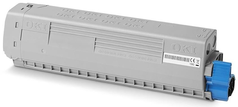 Four OKI C844dnw printer toner cartridges in a multipack, featuring a grey body with a blue end cap, labeled with product information and barcode.