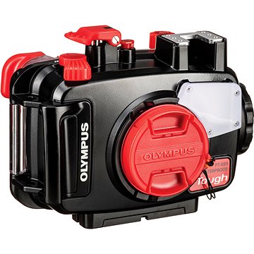 Black underwater housing with red accents, designed for TG-6 and TG-7 cameras, featuring a transparent window, sturdy grips, and multiple mounting points for accessories.