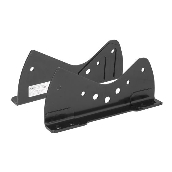Black metal side mounts designed for the OMP HTE ONE XL seat, featuring multiple holes for adjustable fitting and FIA approval label for safety compliance.
