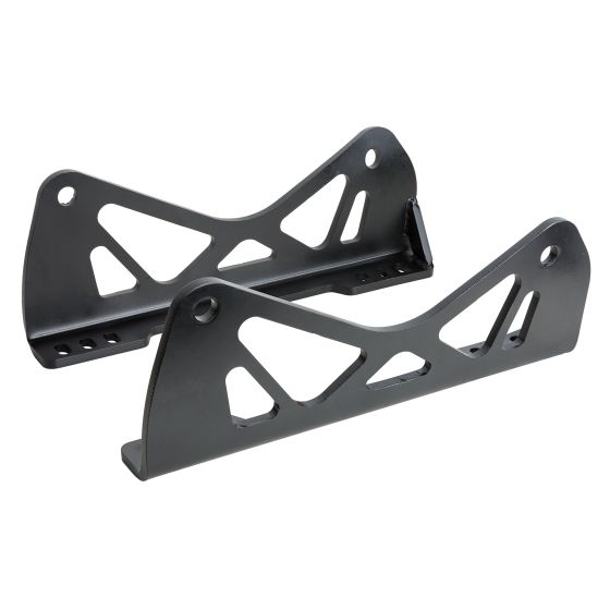 Black FIA-approved side mounts for HTE ONE Lite seat by OMP, featuring a lightweight design with cut-out patterns for reduced weight and enhanced rigidity.