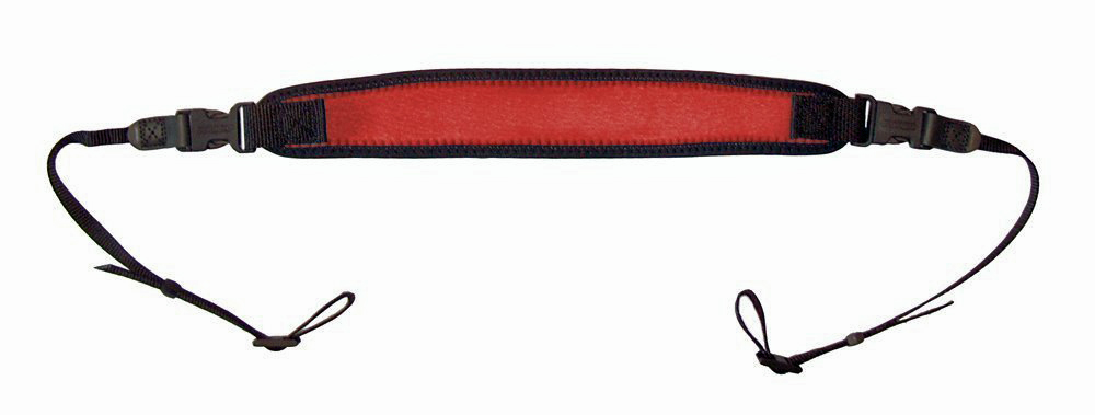 Red padded camera strap with black ends, featuring adjustable clips and a soft, textured surface for comfort and stability.