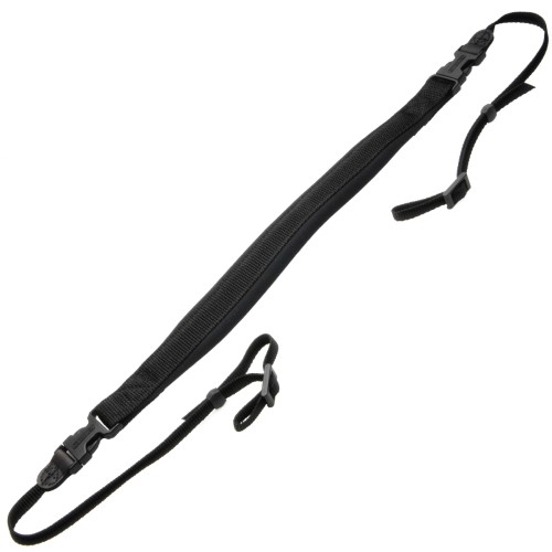 Black OpTech Envy Strap made of durable nylon with a padded center for comfort, featuring adjustable ends and quick-release clips for easy attachment.