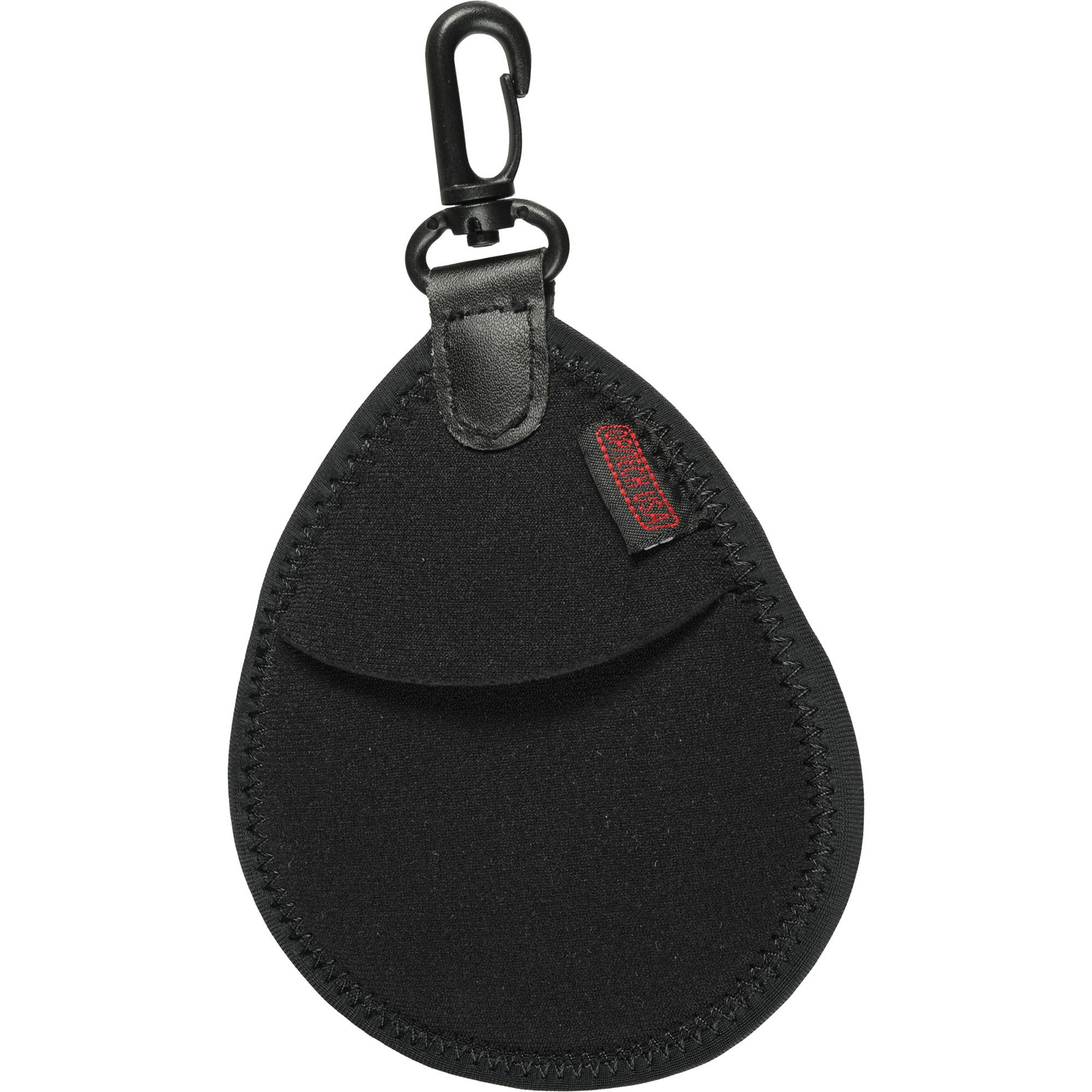 Black neoprene filter pack with a curved teardrop shape, featuring a secure flap pocket and a sturdy clip for attachment.