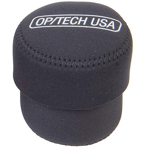 Black neoprene fold-over pouch with a rounded top, featuring white "OP/TECH USA" logo, designed for protecting camera lenses or accessories.
