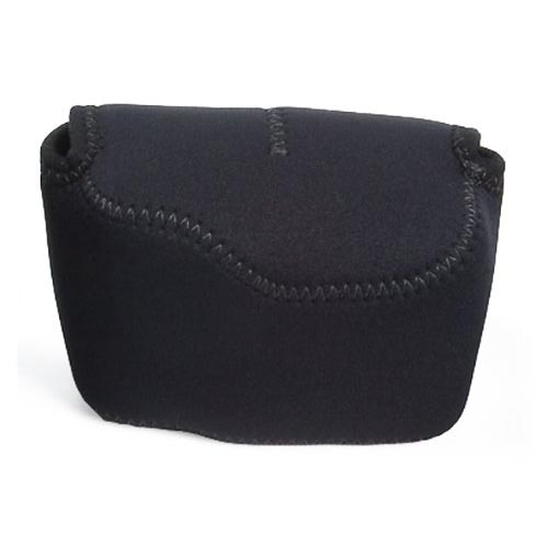 Black neoprene pouch with stitched edges, designed to protect compact cameras, featuring a soft, cushioned exterior for added durability and a snug fit.