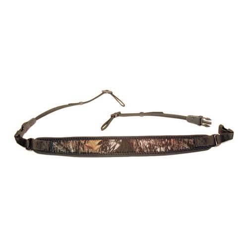 OpTech Super Classic Strap in Nature features a camouflage-patterned neoprene pad with adjustable black webbing and metal clips for secure attachment.