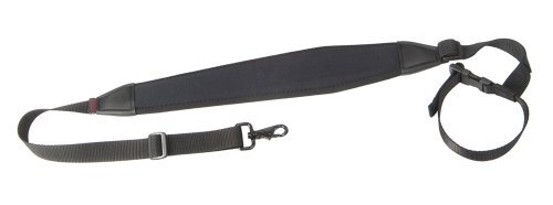 Black OpTech Tripod Strap Swivel featuring a padded shoulder section, adjustable webbing, and a clip for secure attachment, designed for comfort and ease of use.
