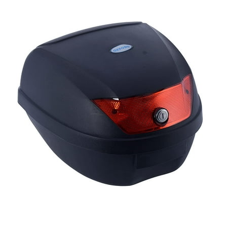 Black Oxford 30L top box with a glossy finish, featuring a red reflective rear light and a lock mechanism, designed for motorcycle storage.