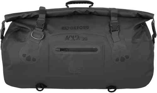 Black waterproof roll bag with a 20L capacity, featuring a sturdy handle, adjustable straps, a front zip pocket, and a secure roll-top closure for moisture protection.
