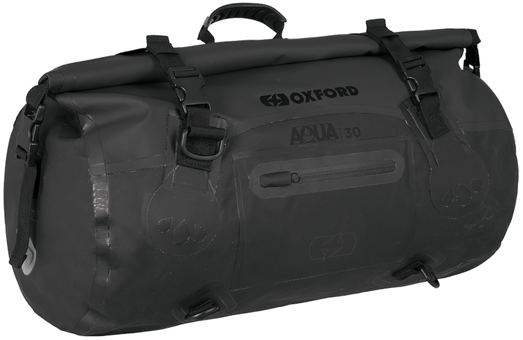 Black waterproof roll bag made of durable material, featuring a top handle, adjustable straps, and a zippered compartment, designed for outdoor use with a 30L capacity.